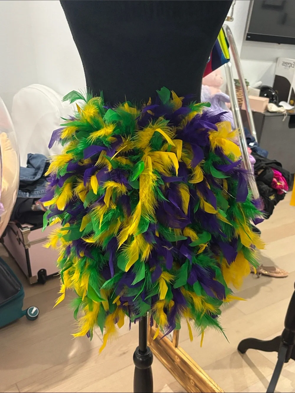 Custom feather bustle - Green, Yellow & Purple